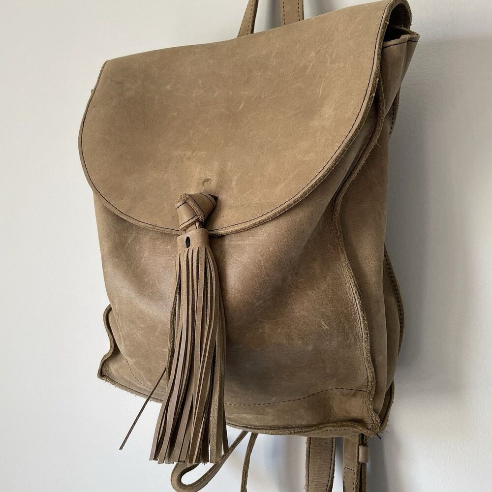Raven + Lily Emerson Leather Backpack Purse Tassel Fold-Over Closure Brown OS - Picture 4 of 13